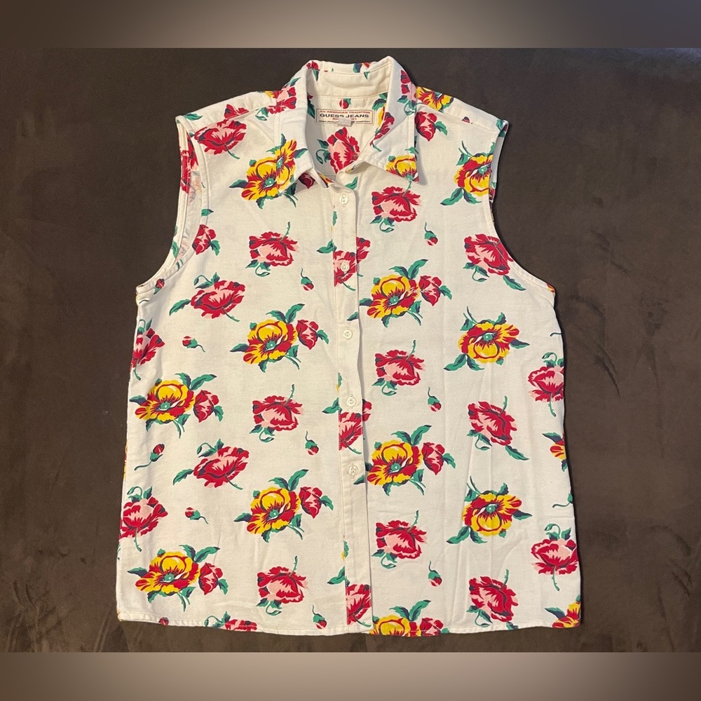 Vintage Guess Jeans White  Rose Flower Floral Button Vest Size M